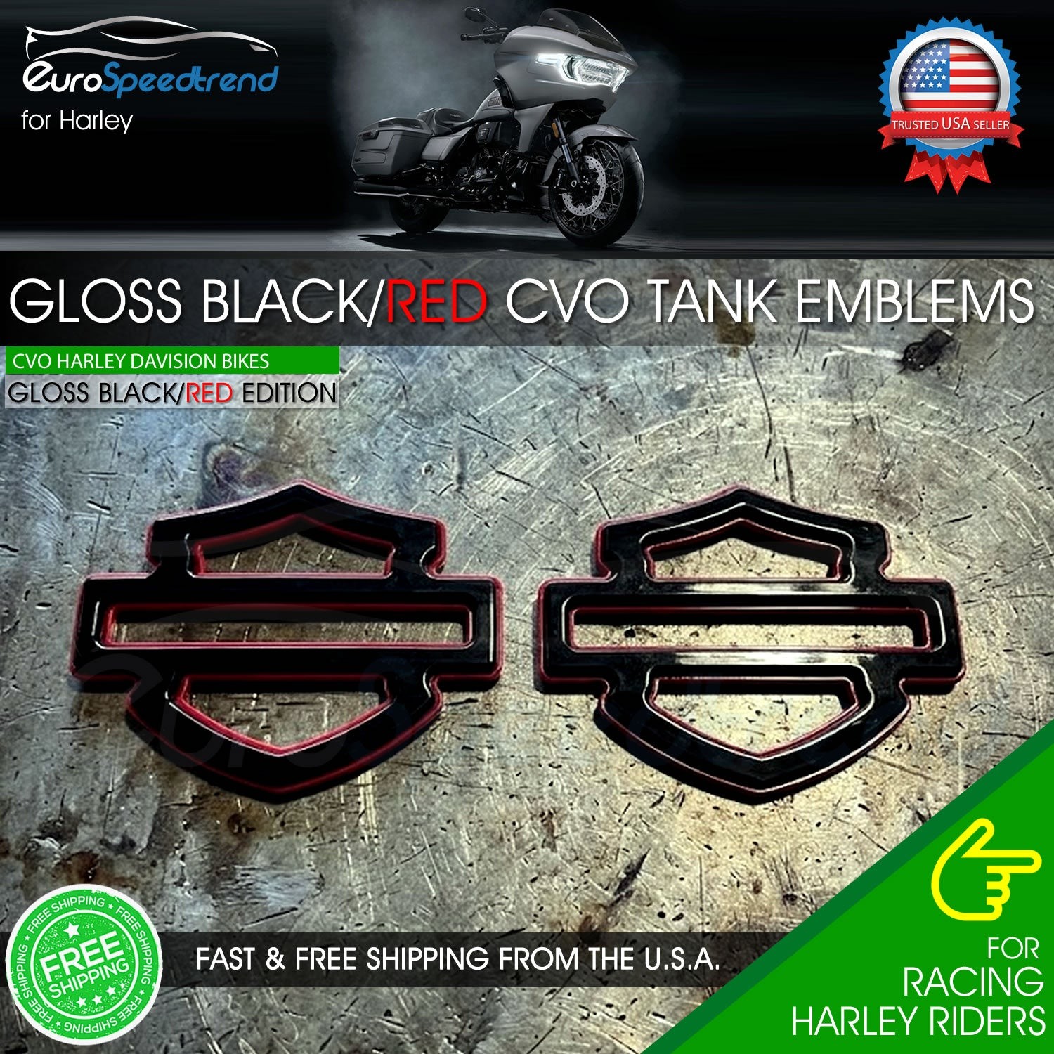 Harley CVO Custom Tank Emblems Gloss Black Red Metal 3D Logo Road Glide Set of 2 Harley CVO Custom Tank Emblems Gloss Black Red Metal 3D Logo Road Glide Set of 2
