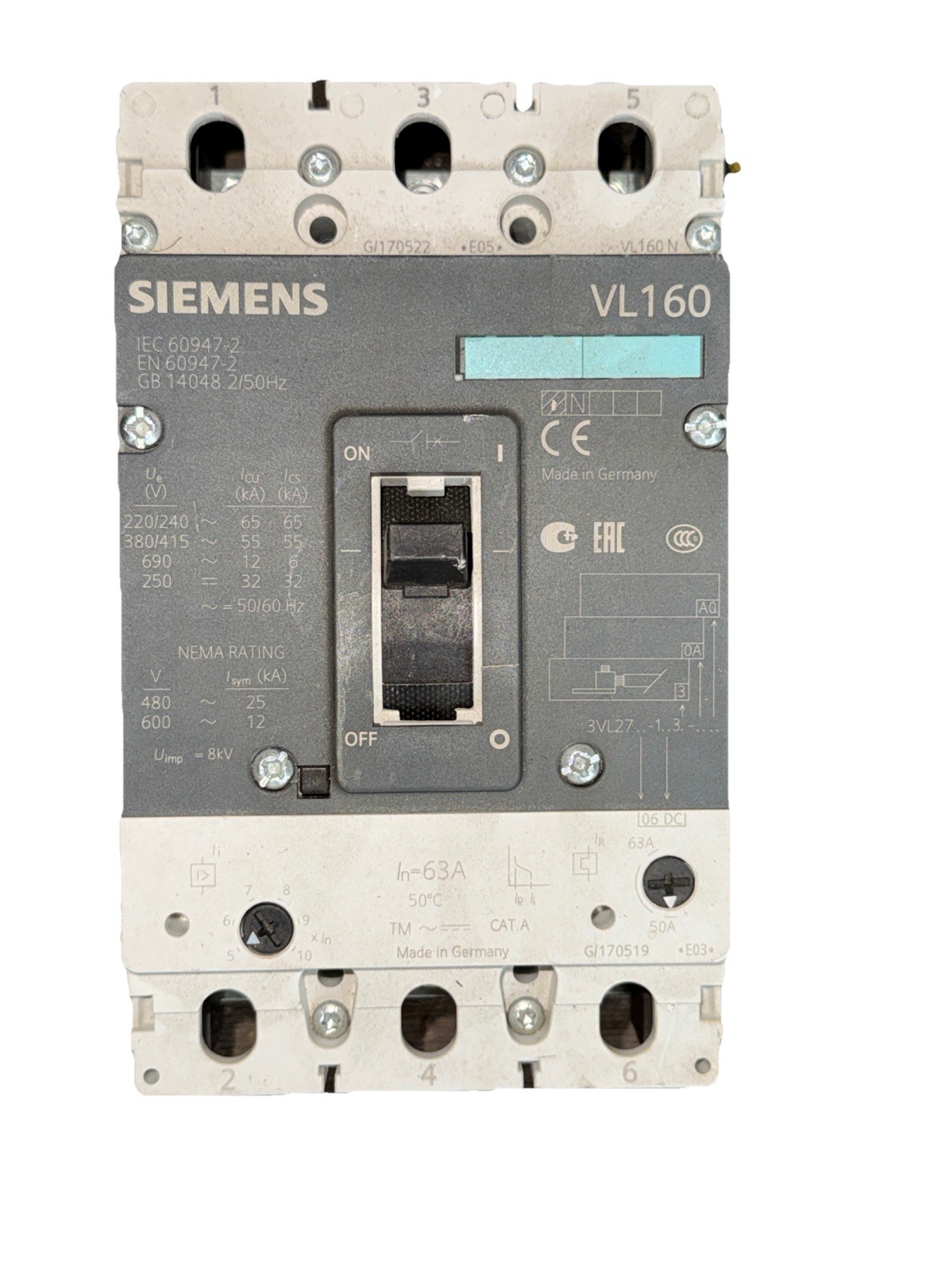 NEW Siemens VL160 63A 3-Pole Molded Case Circuit Breaker MCCB