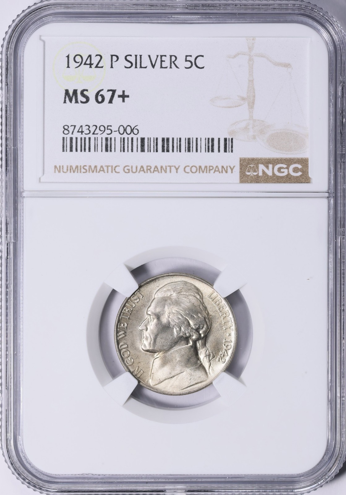 1942 P Jefferson Nickel T2 Silver NGC MS67+ Pop Condition Rarity, Lustrous