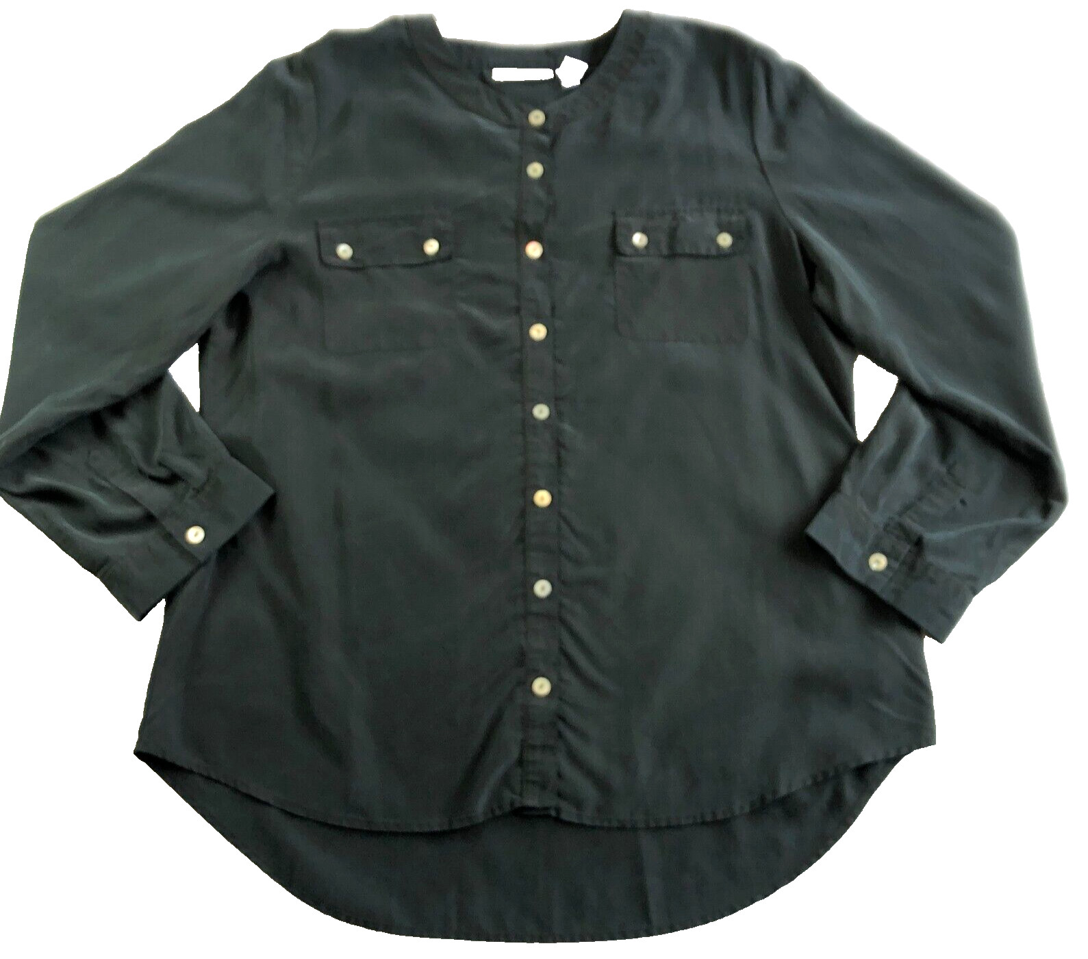 Chicos Womens Top Size 2 US L Charcoal Button-Up Roll Tab Sleeves Button Pockets