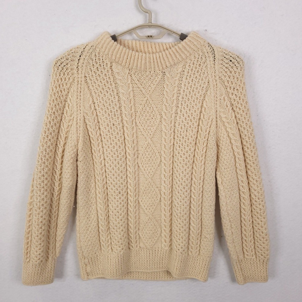 Sheila Handknits Cable Knit Sweater Womens L Cream Irish Wool Aran Fisherman