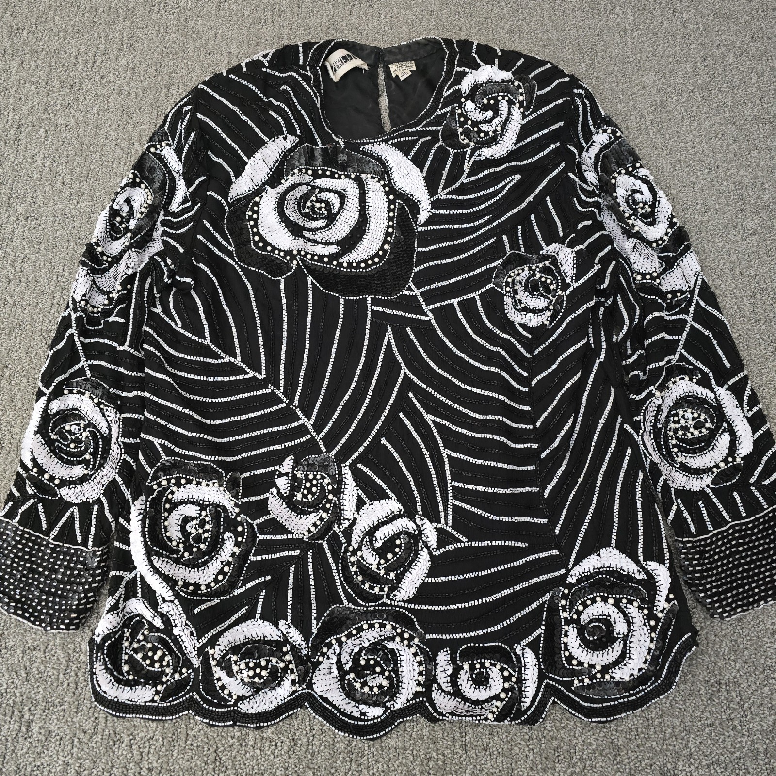 VTG Swee Lo Black Silk Sequin Beaded Floral Blouse Shirt Womens XL 80s