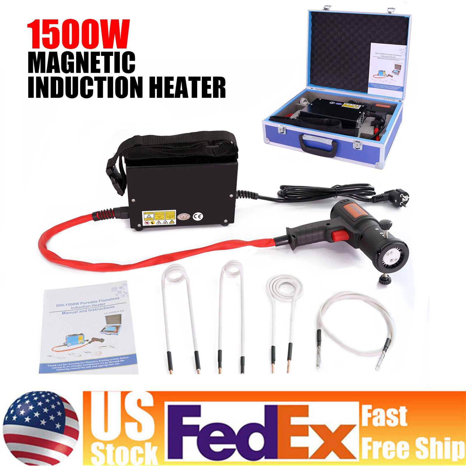 1500W Magnetic Induction Heater Kit Bolt Remover Flameless Heat Tool+4 Soft Coil