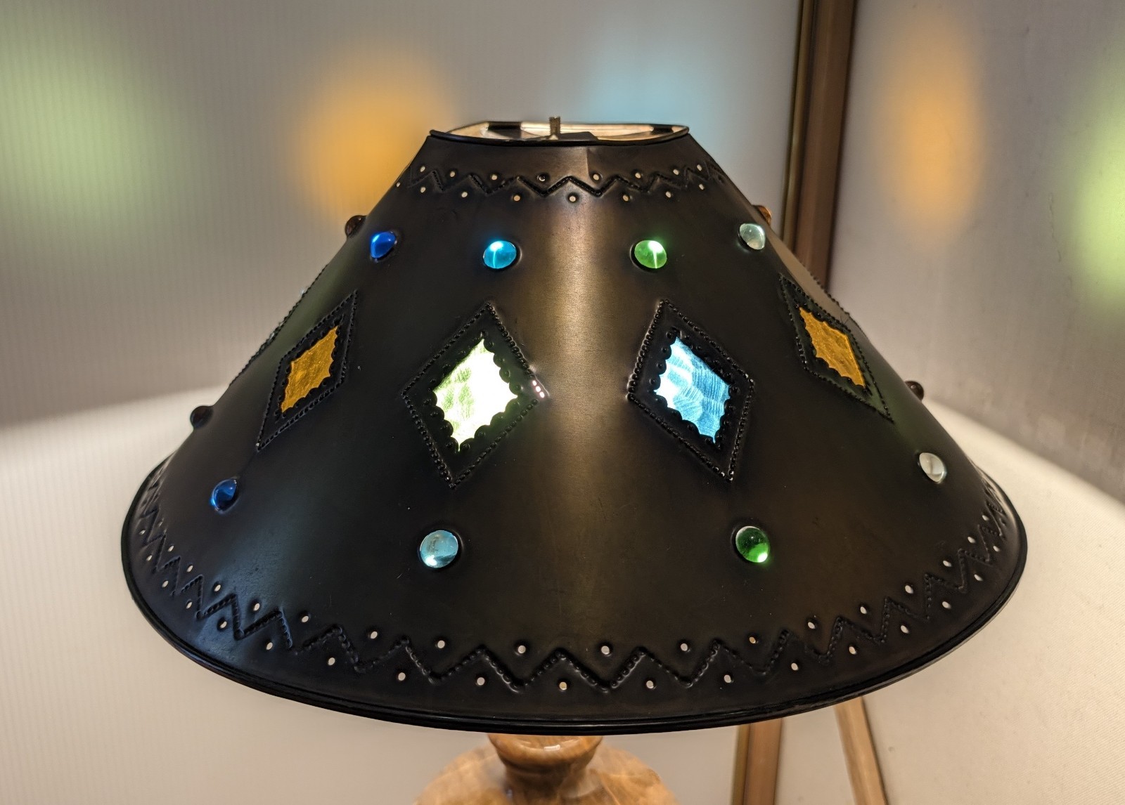 Vintage Mexican Punched Tin Metal Lamp Shade Jeweled Slag Stained Glass Rustic Vintage Mexican Punched Tin Metal Lamp Shade Jeweled Slag Stained Glass Rustic