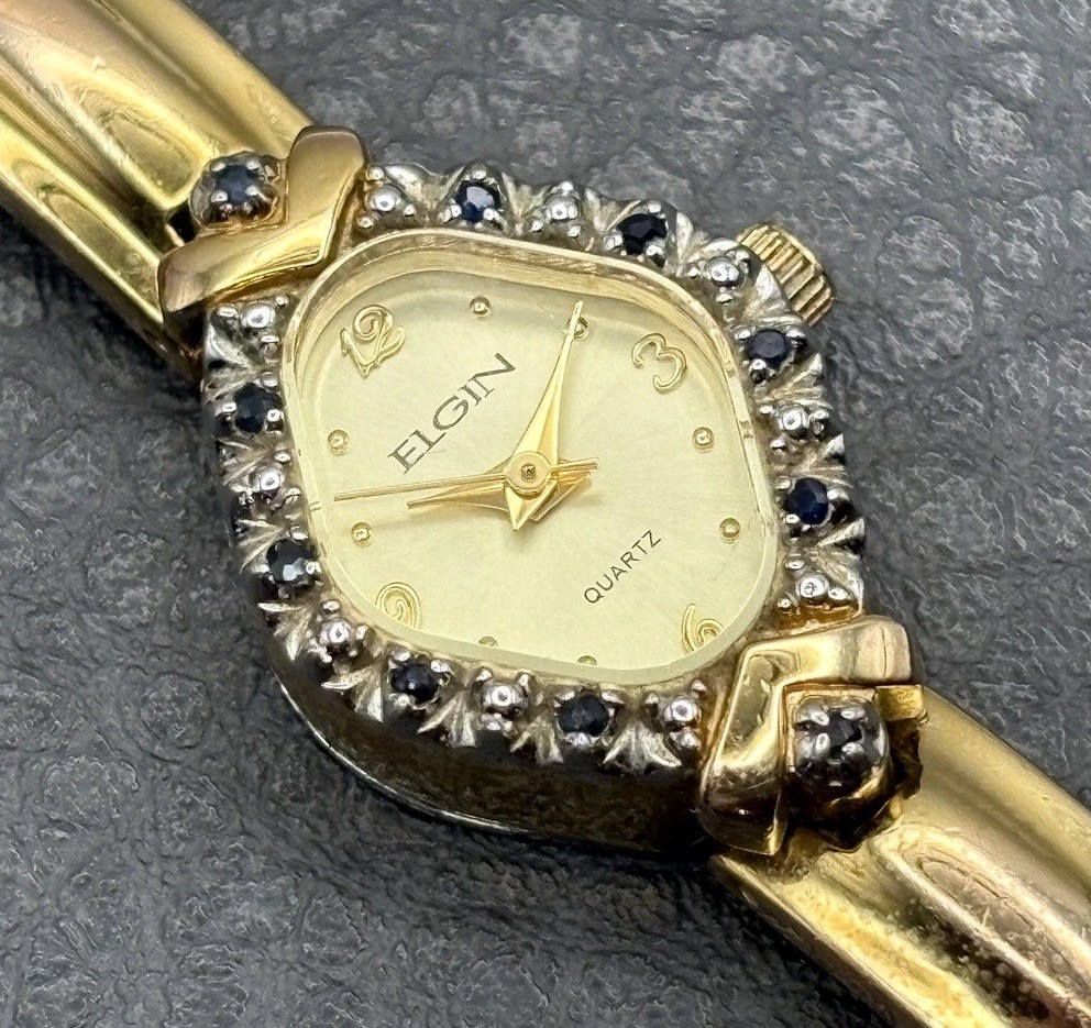 Vintage Elgin Genuine Sapphire Quartz Watch Gold Tone Untested Needs Battery