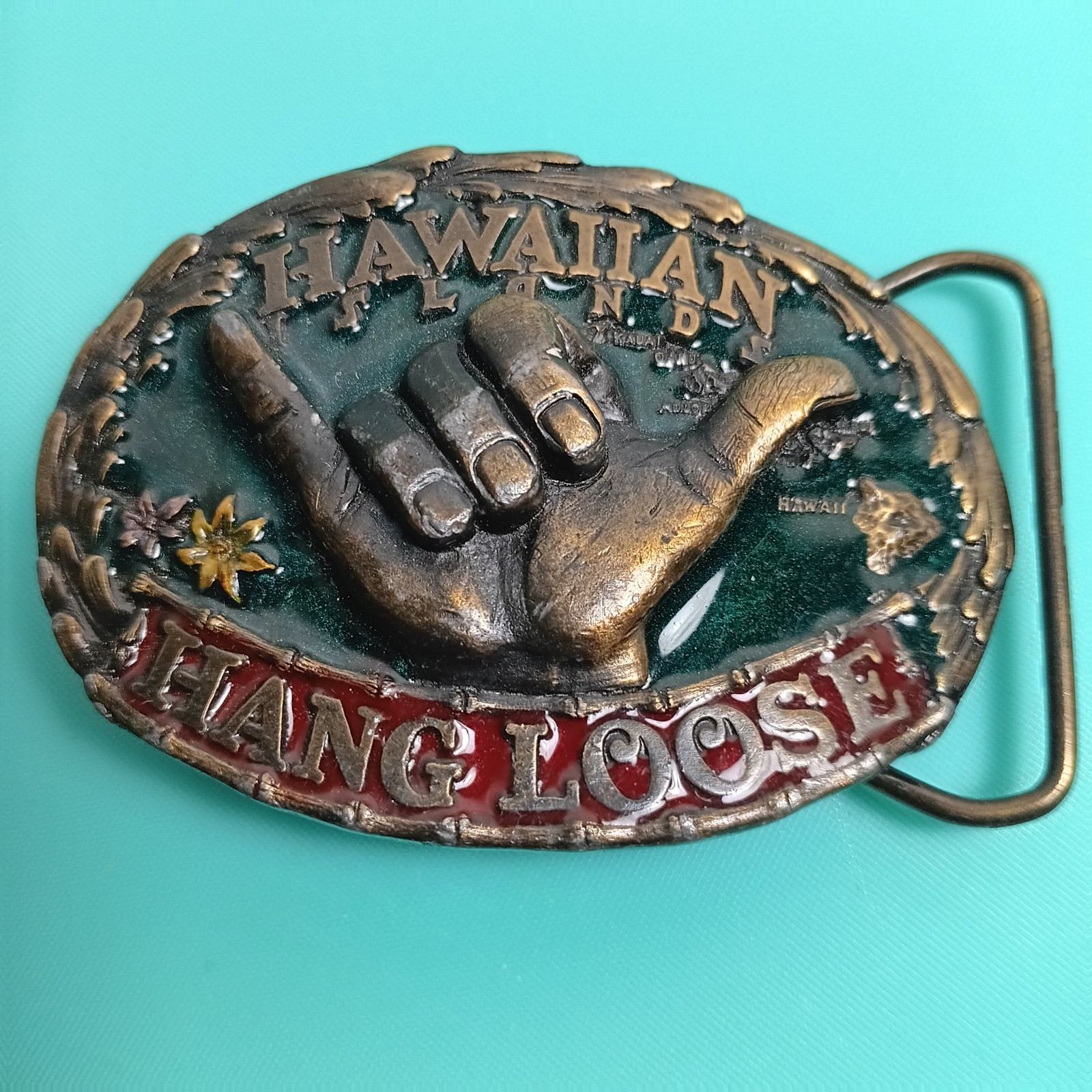 Hang Loose Belt Buckle Vintage 1986 Hawaii Enameled Brass