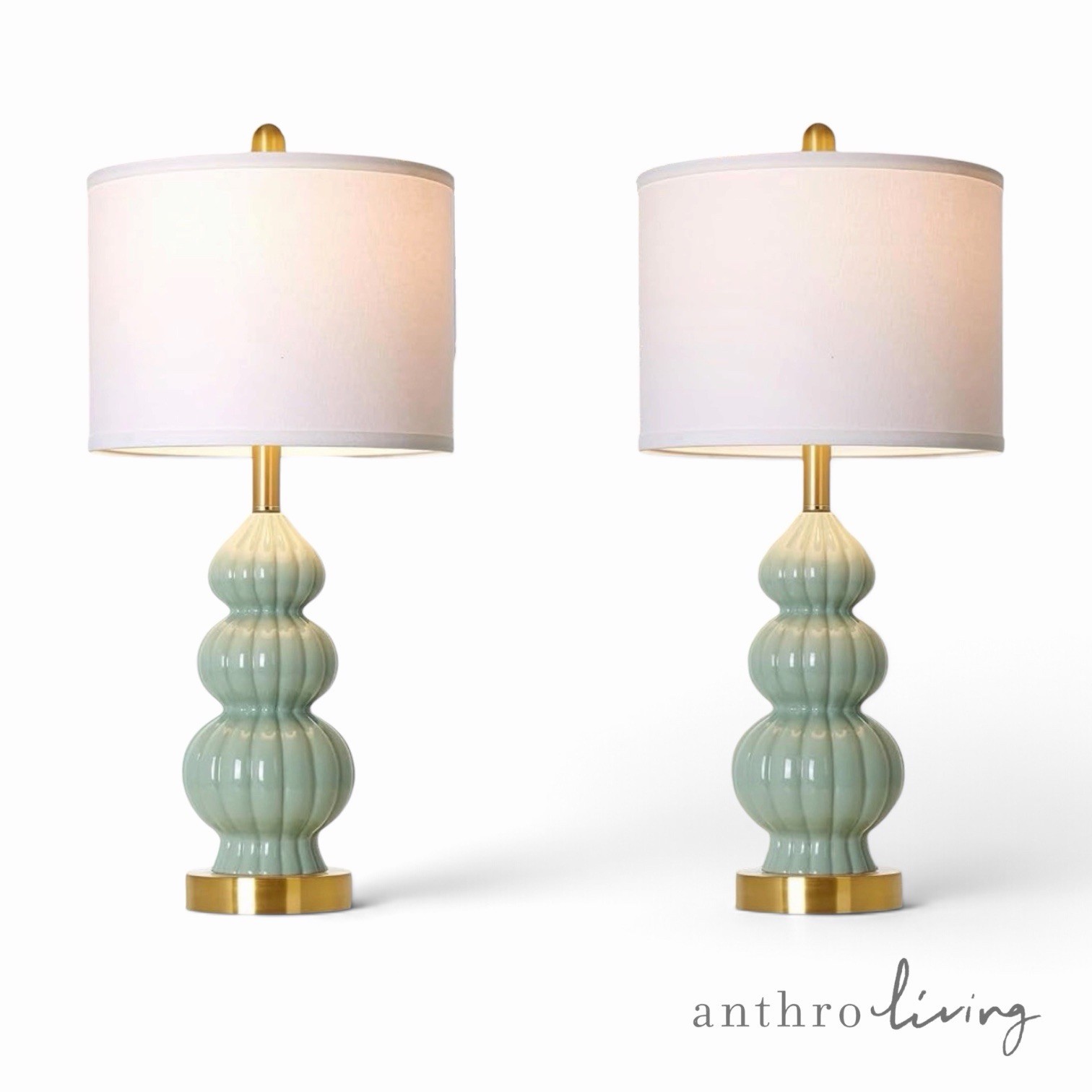 NEW Anthropologie Set / 2 Sage Green Gold Ceramic Boho Table Lamps Lighting 28 NEW Anthropologie Set / 2 Sage Green Gold Ceramic Boho Table Lamps Lighting 28