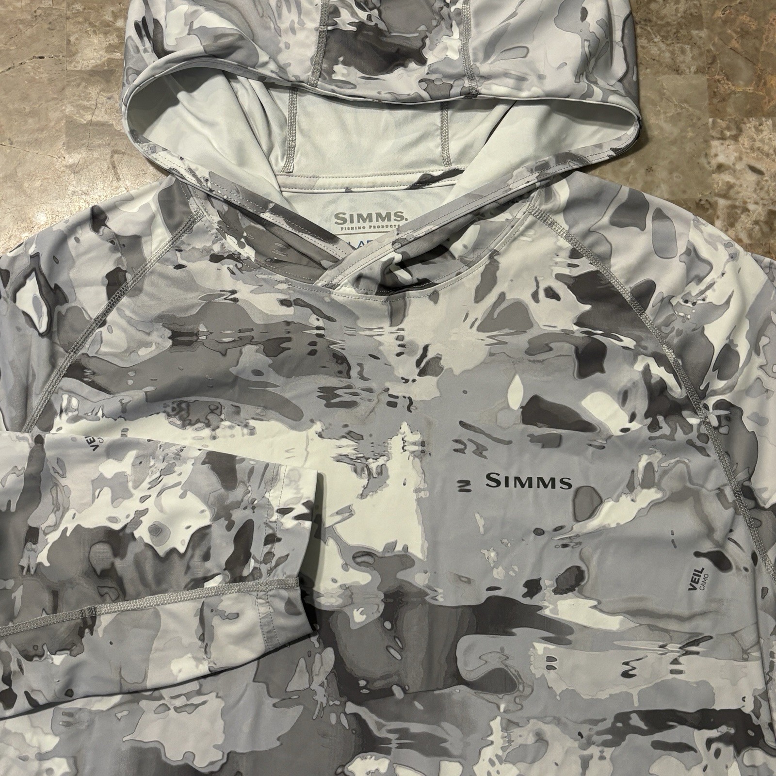 Simms Fishing Hoodie Mens XL Grey Veil Camo Solarflex UPF Lightweight Simms Fishing Hoodie Mens XL Grey Veil Camo Solarflex UPF Lightweight