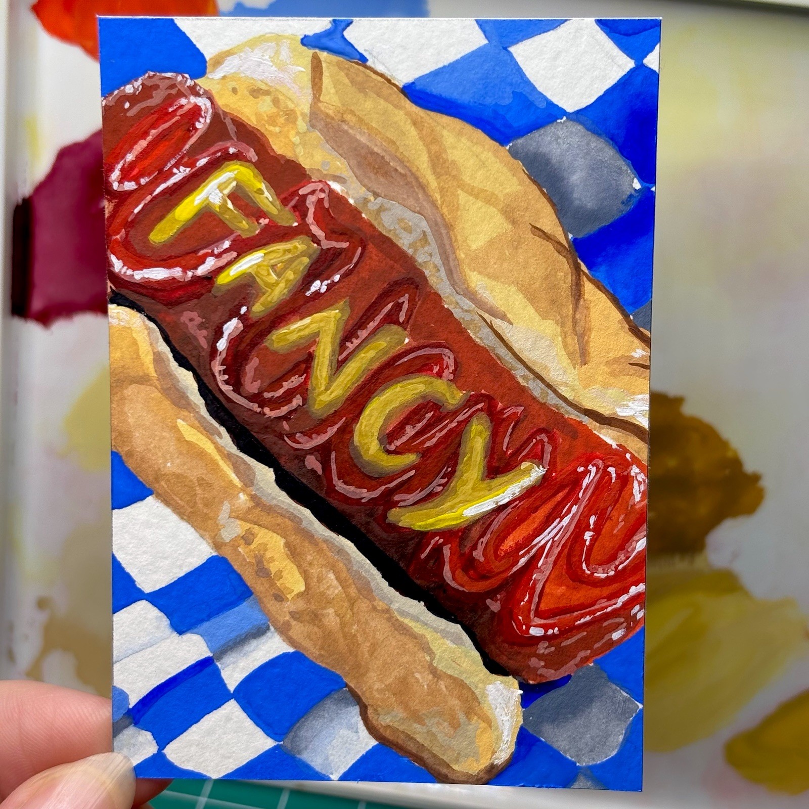 ACEO Fancy Hot Dog Original Painting by Daelian - Bite2Eat #9 ACEO Fancy Hot Dog Original Painting by Daelian - Bite2Eat #9