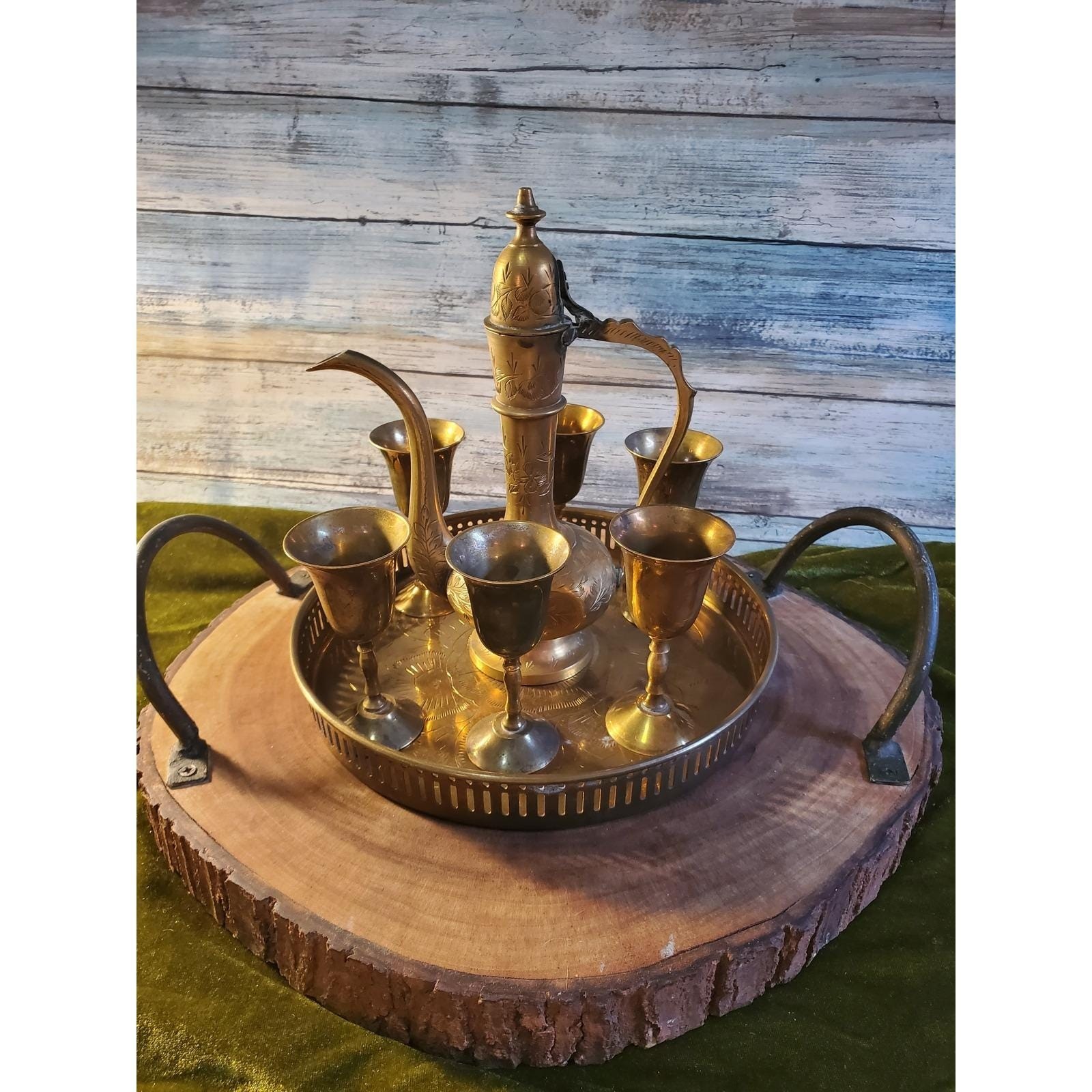 8 piece Vintage Etched Brass Turkish Coffee Set Made in India
