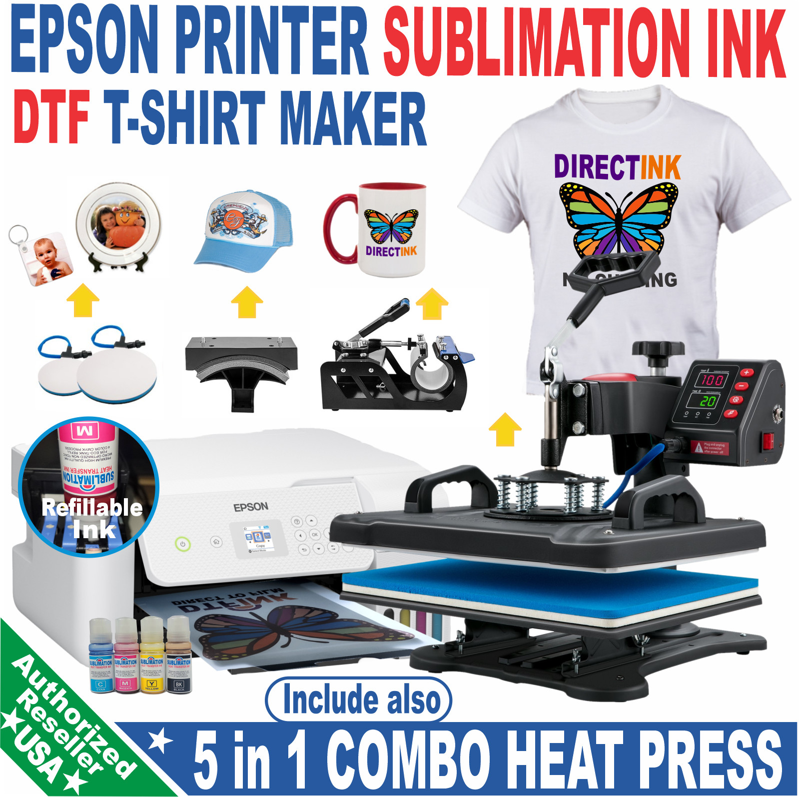 Epson Printer with Sublimation ink Kit plus  5 in 1 Heat Press Complet Bundle.