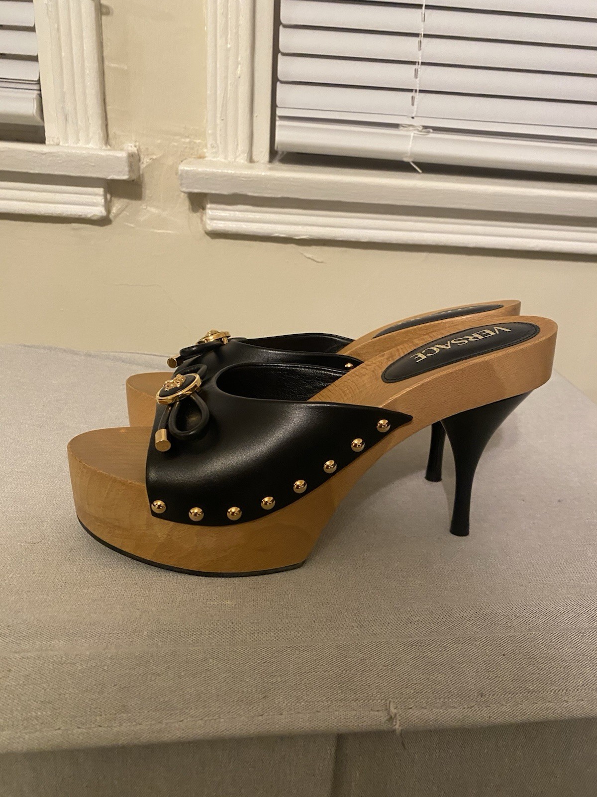 Versace Black Leather Platform Slide Sandals Studded Logo EU38 US8 Versace Black Leather Platform Slide Sandals Studded Logo EU38 US8