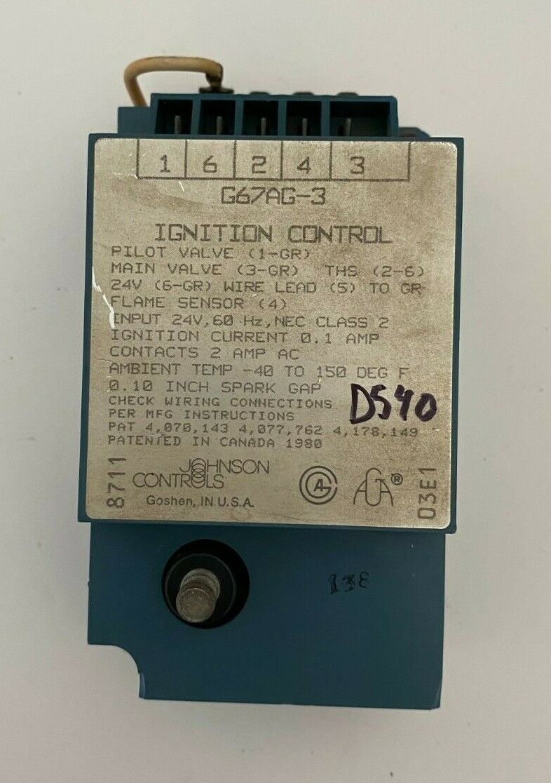 Johnson Controls G67AG-3 Ignition Control EF33CZ189x used #D540