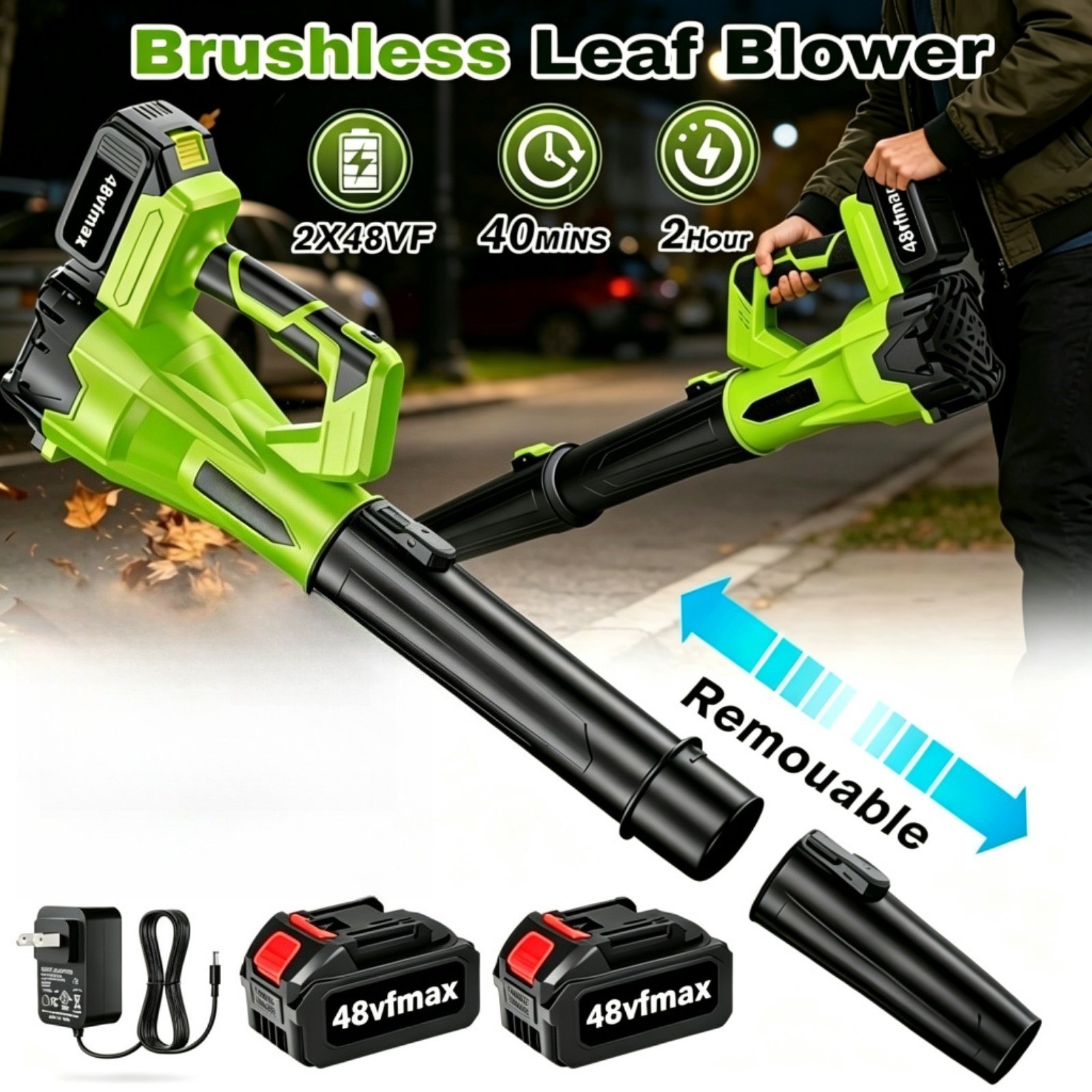 Cordless Leaf Blower 650CFM/280MPH & 6 Speed Levels Electric w/2 Batteries 4.0Ah