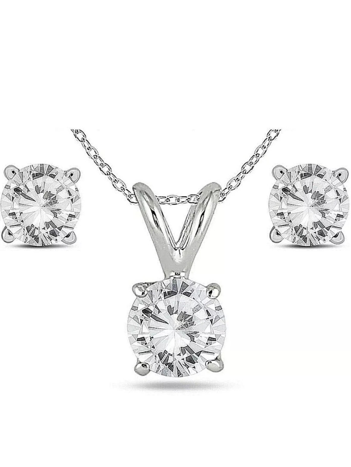 6 CT Lab Created Diamond Necklace & Stud Earrings Set Solid 14K White Gold