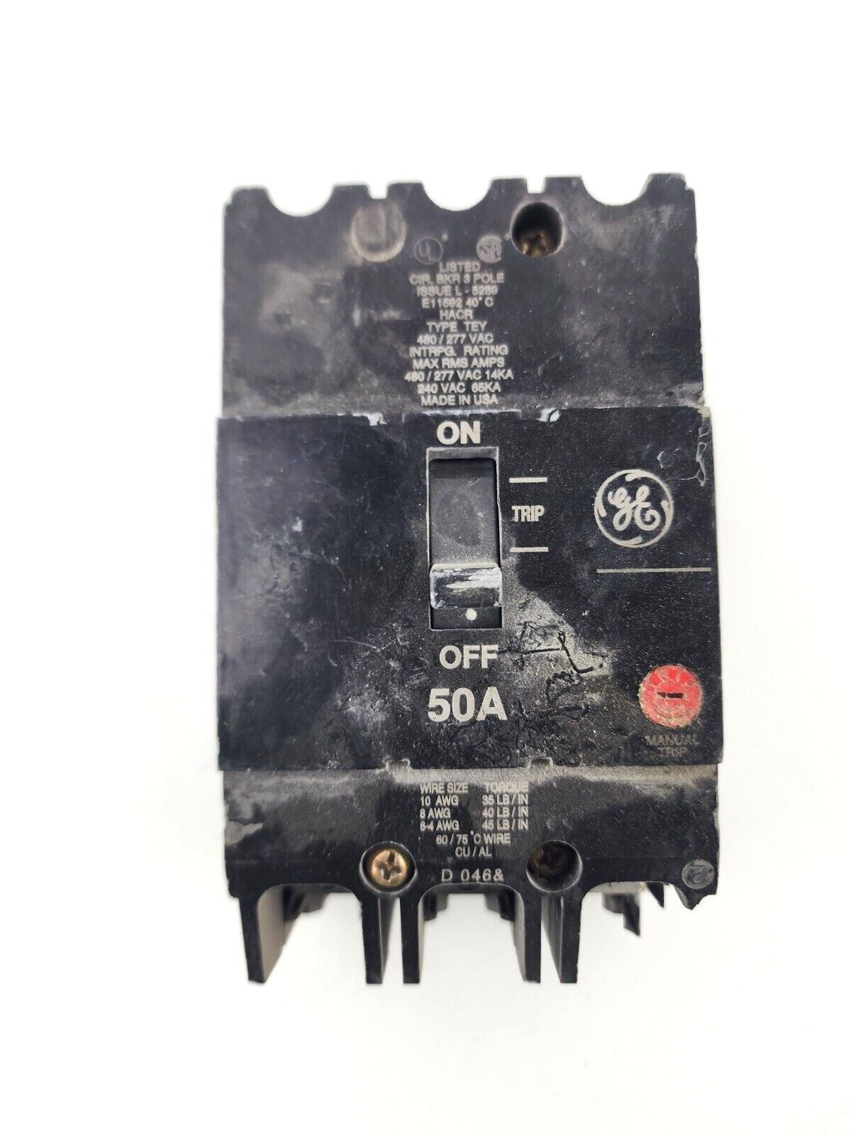 Used GE General Electric 3 Pole Circuit Breaker 50A 480/277VAC E11592 Type TEY