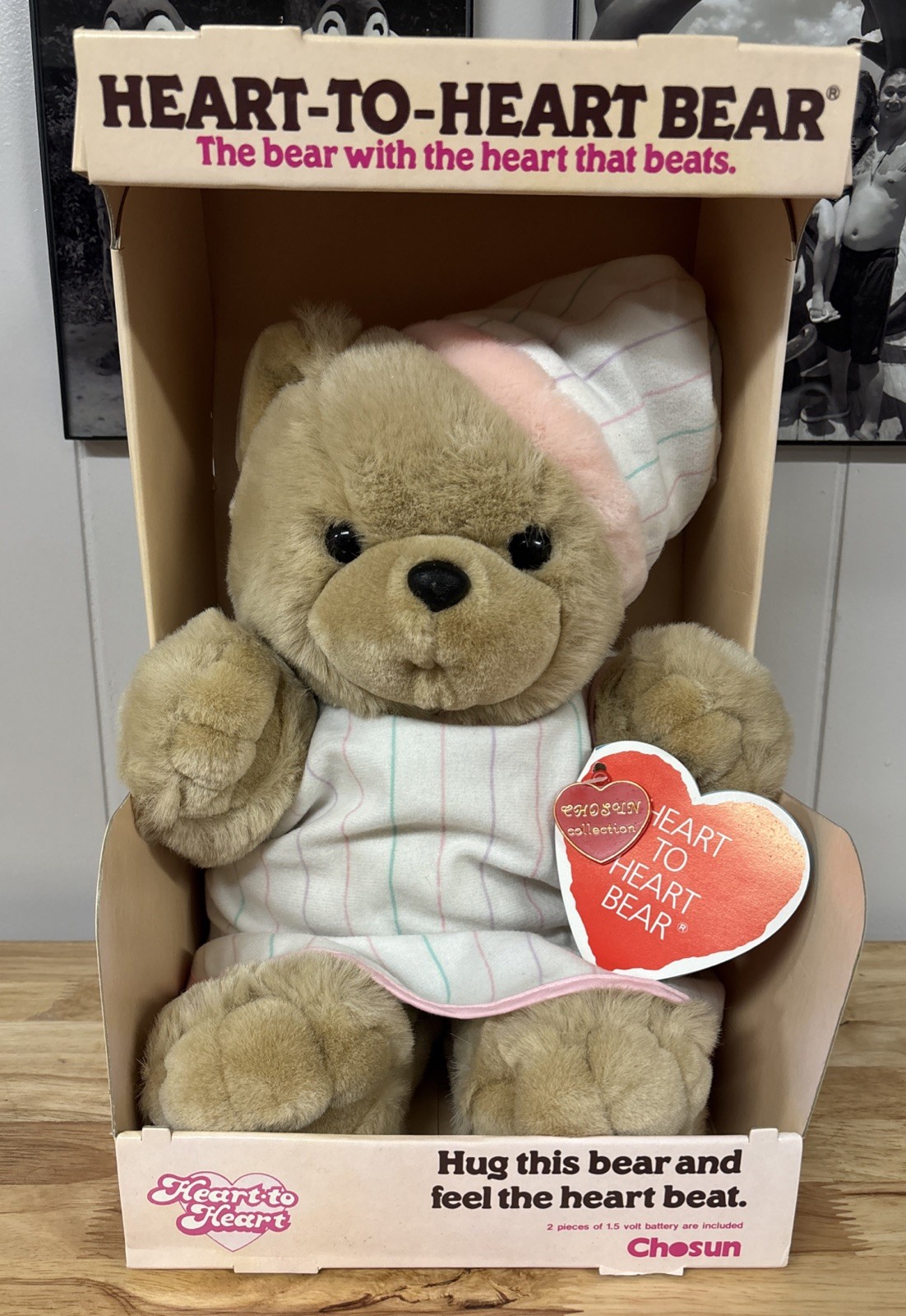 Vintage Chosun Heart To Heart Bear 1986 Gown Cap Heartbeat Plush In Box Works