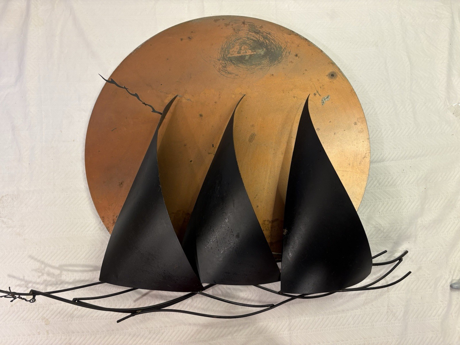 Vintage copper metal nautical wall art. 18” across. Sailboats. Artist engraved Vintage copper metal nautical wall art. 18” across. Sailboats. Artist engraved