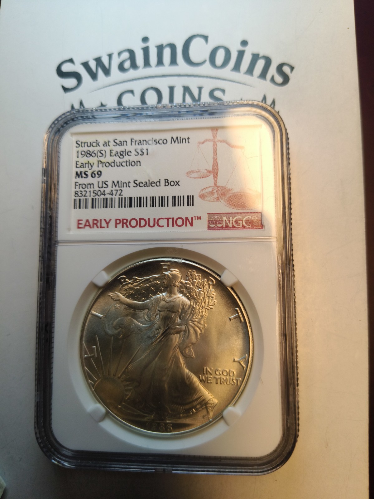 1986 S American Silver Eagle Early Production NGC MS69 E20-130 1986 S American Silver Eagle Early Production NGC MS69 E20-130