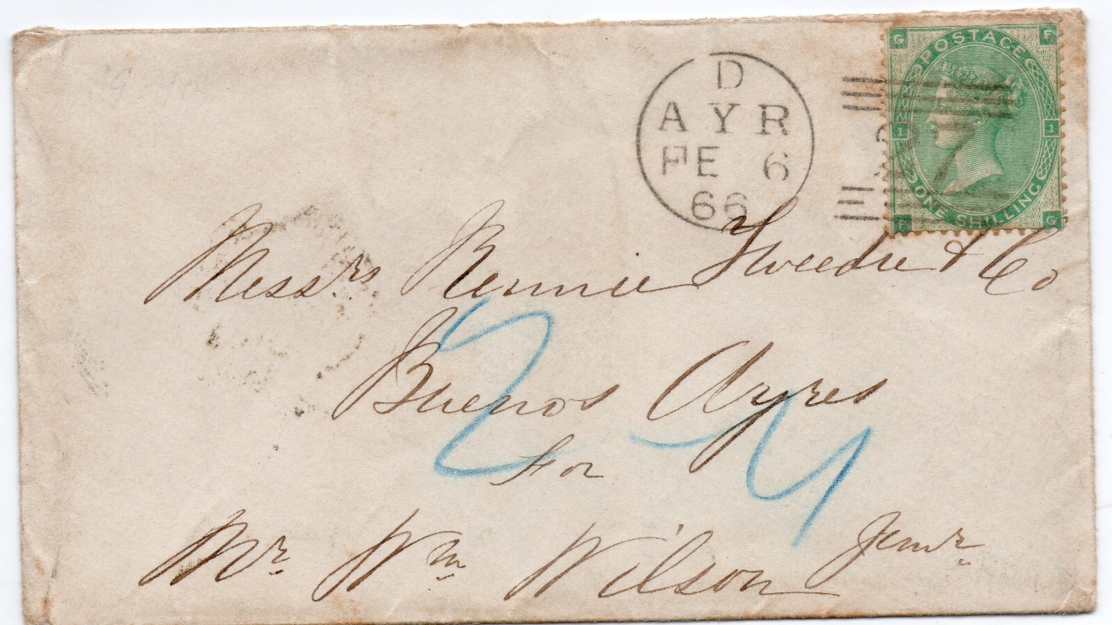 GB - SG90 1/ green on cover Ayr to Buenos Aires Argentina - Cat £450 GB - SG90 1/ green on cover Ayr to Buenos Aires Argentina - Cat £450