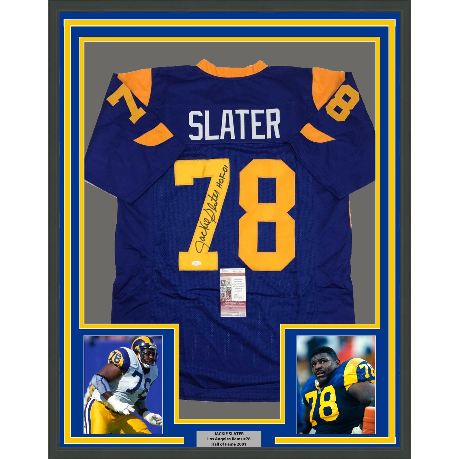 Framed Autographed Jackie Slater 35x39 HOF 01 LA Retro Blue Jersey JSA COA Framed Autographed Jackie Slater 35x39 HOF 01 LA Retro Blue Jersey JSA COA