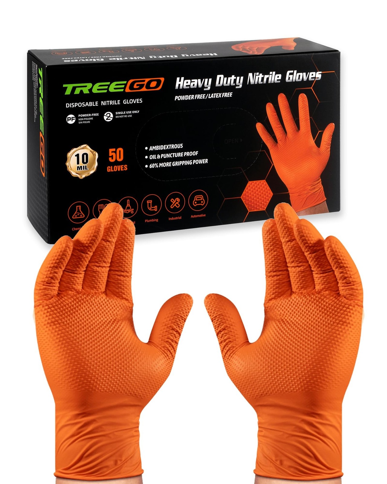 TREEGO 10 Mil Nitrile Gloves XL - Heavy Duty Orange Gloves with Double Diamon... TREEGO 10 Mil Nitrile Gloves XL - Heavy Duty Orange Gloves with Double Diamon...
