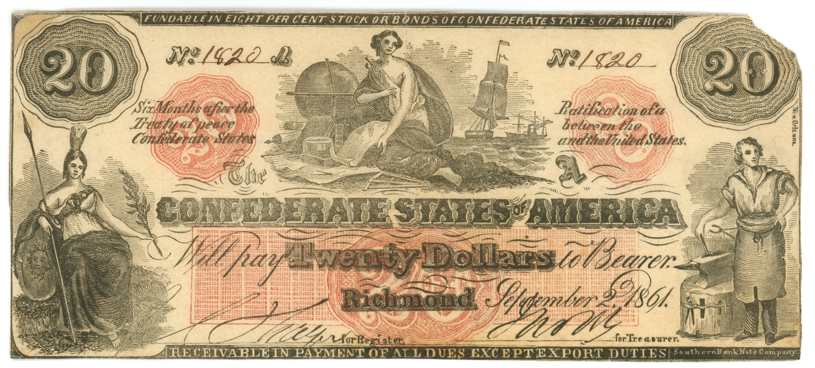 CT-19 1861 Confederate States of America CSA $20 Note CTFT (64201) CT-19 1861 Confederate States of America CSA $20 Note CTFT (64201)