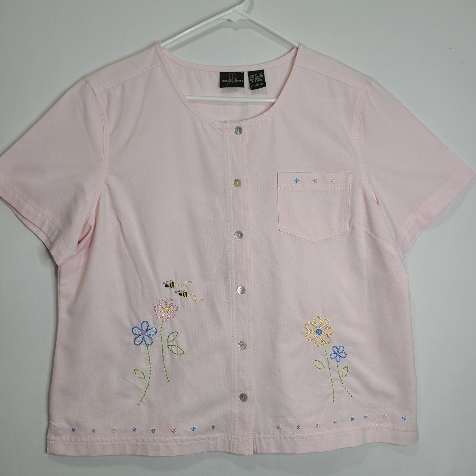 NWT Vtg Jenny Buchanan Pink Cotton Embroidered Floral Bee Spring Summer Shirt NWT Vtg Jenny Buchanan Pink Cotton Embroidered Floral Bee Spring Summer Shirt