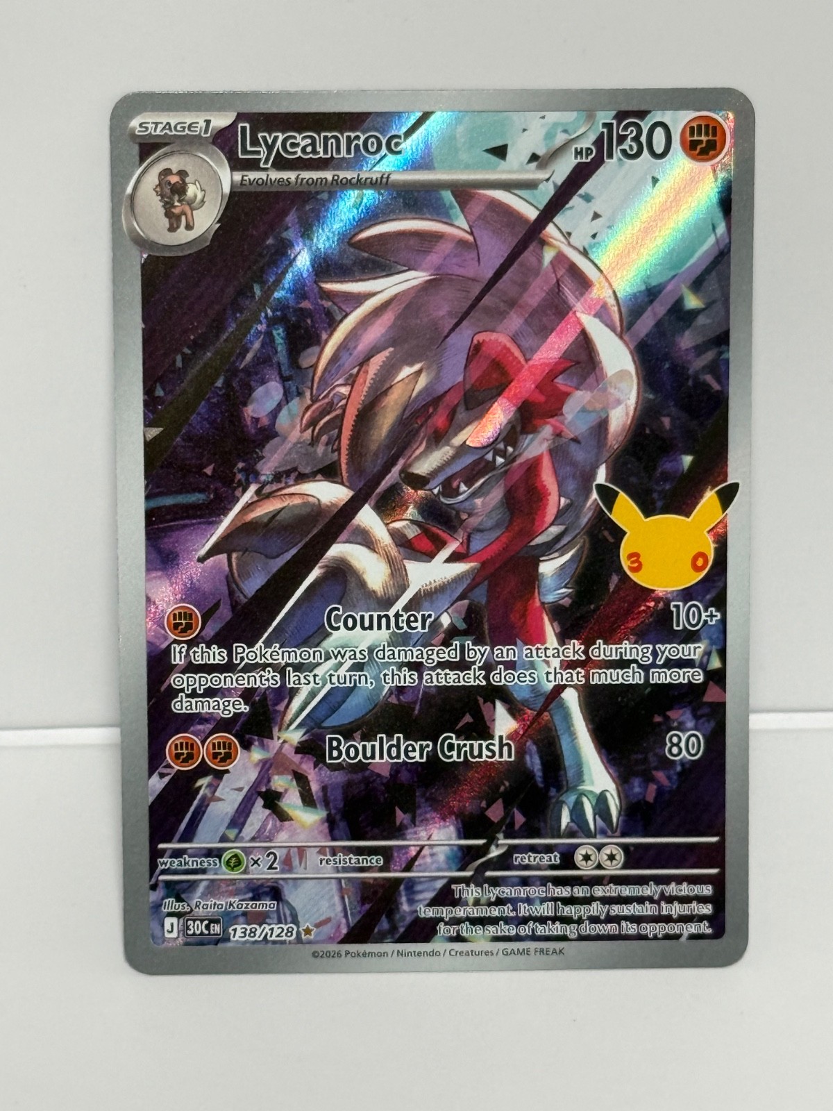 Lycanroc 138/128 Me: 30th Celebration Holo Illustration Rare IR Lycanroc 138/128 Me: 30th Celebration Holo Illustration Rare IR