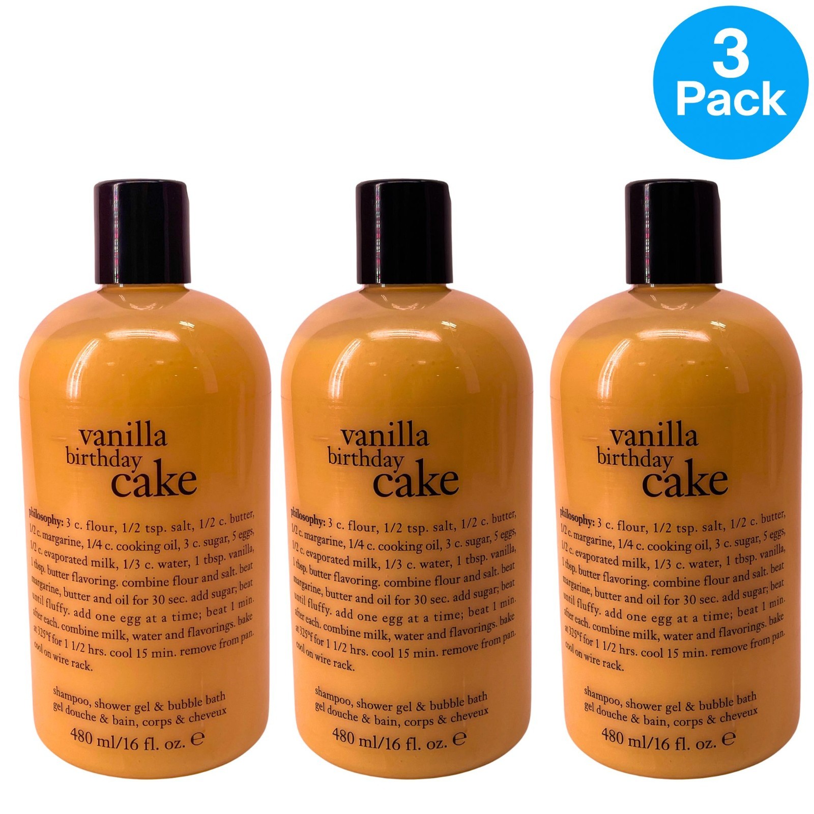 Philosophy Vanilla Birthday Cake Shampoo Shower Gel & Bubble Bath 16 oz 3 Pack