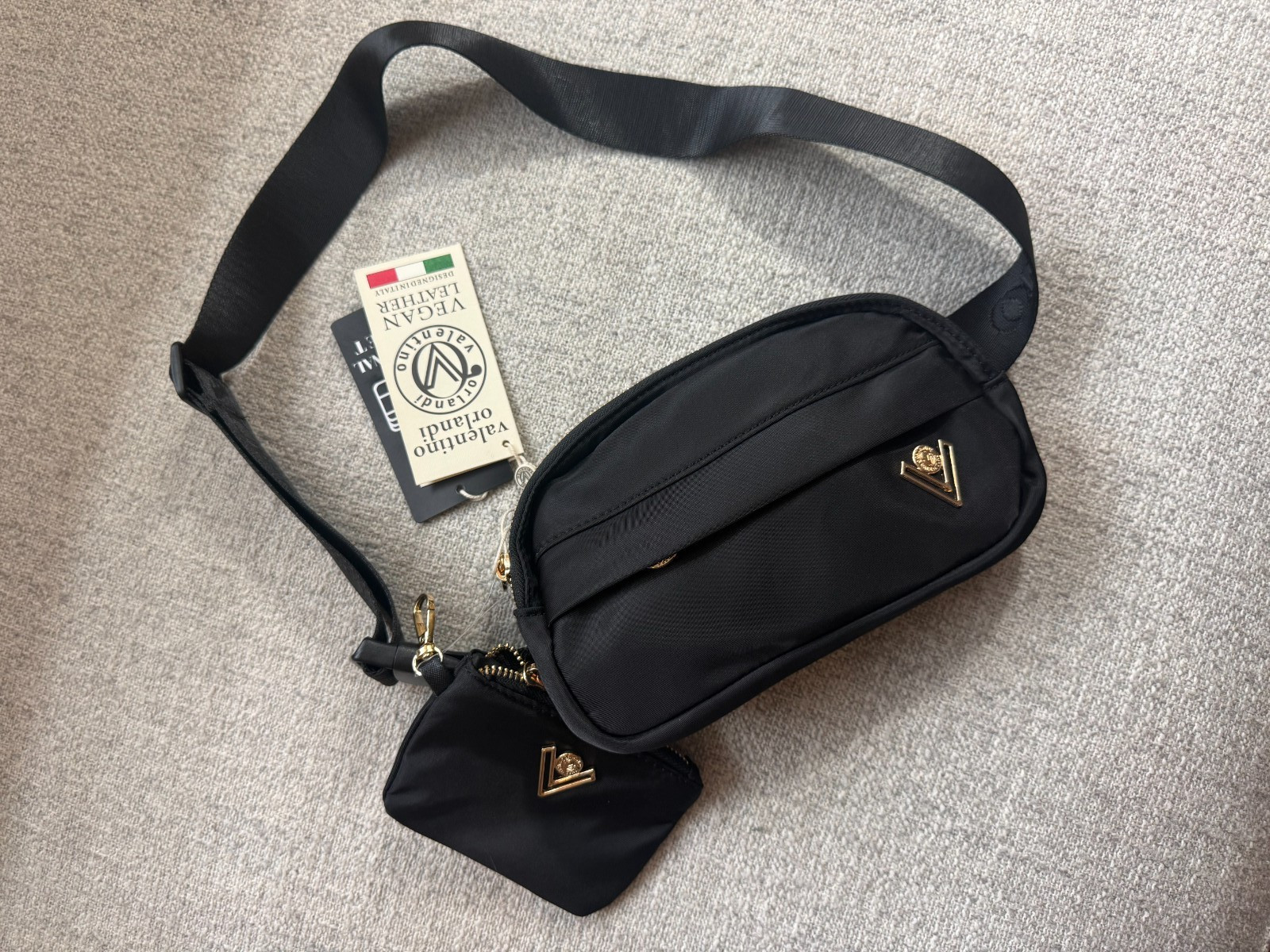 Valentino Orlandi Black Polyester Crossbody Bag Gold Hardware Pouch NWT