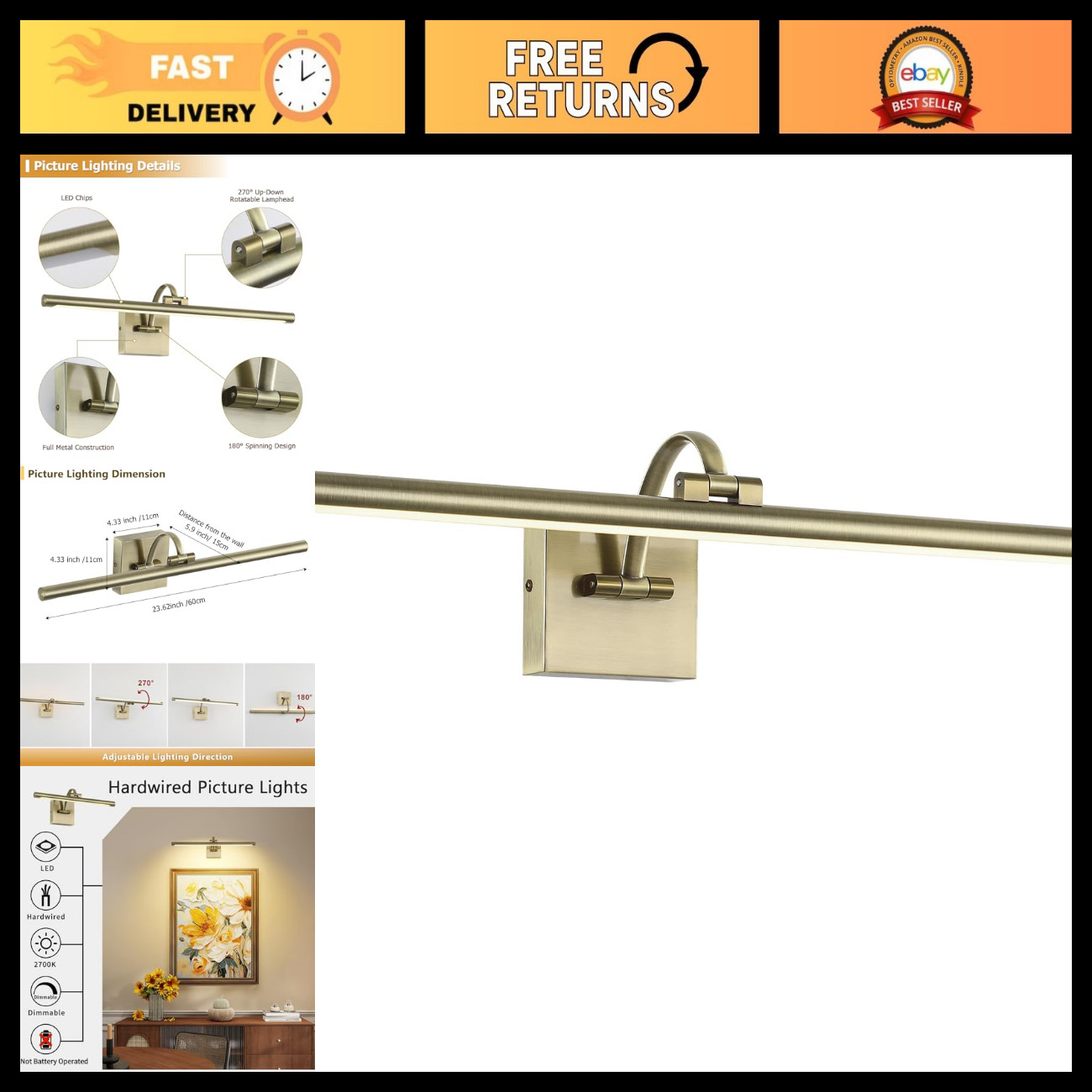 Dimmable LED Picture Light for Wall - Antique Bronze Frame Lighting 23.62\ Dimmable LED Picture Light for Wall - Antique Bronze Frame Lighting 23.62\