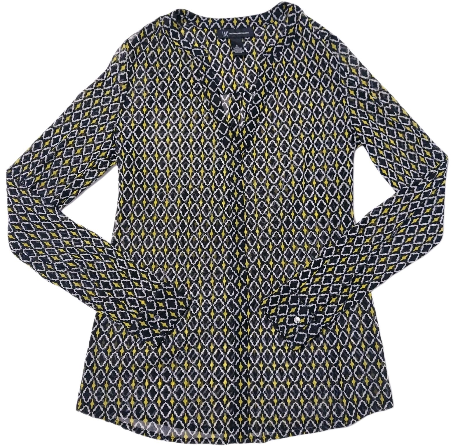INC International Concepts Blouse Womens Small Geometric Print V Neck Sheer INC International Concepts Blouse Womens Small Geometric Print V Neck Sheer