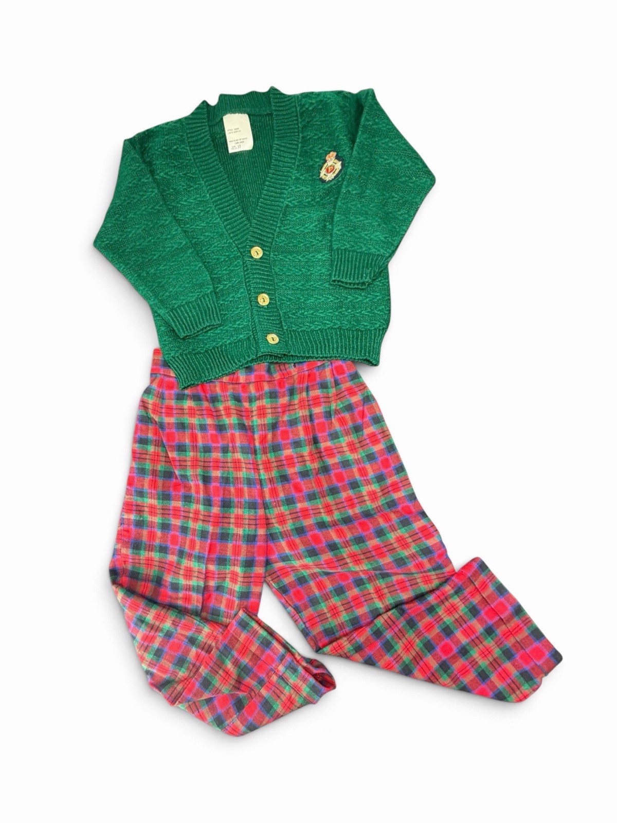 Vintage Toddler Boys Preppy Outfit Size 3T Green Cardigan Plaid Pants USA