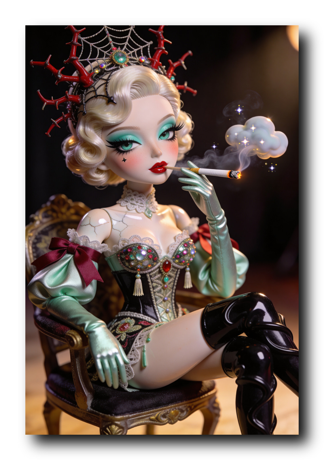 Glamorous Vintage Doll Smoking in Elegant Cabaret Style 4x6 Art Print UR100448