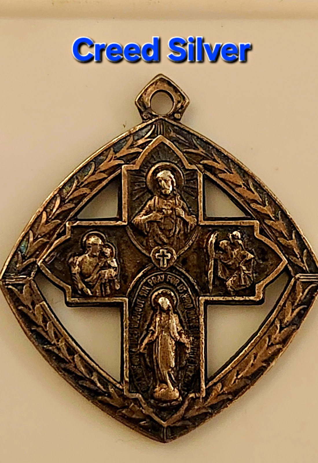 Creed Sterling Silver Catholic 4-Way Cross, Beautiful Patina Blues And Gold Hues Creed Sterling Silver Catholic 4-Way Cross, Beautiful Patina Blues And Gold Hues