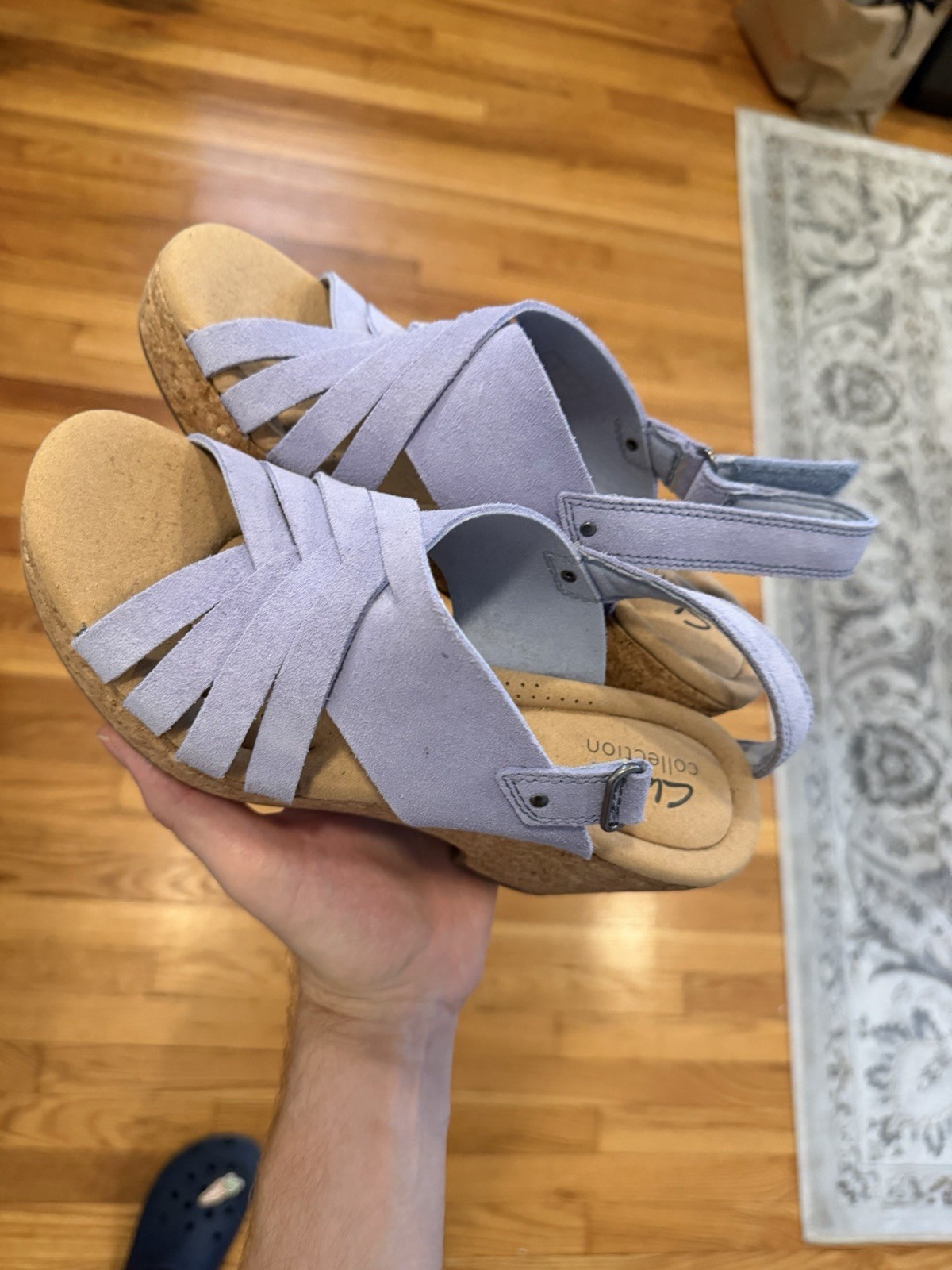Clarks Purple Suede Wedge Sandals Buckle Cork Insole US 8 EU 39 M