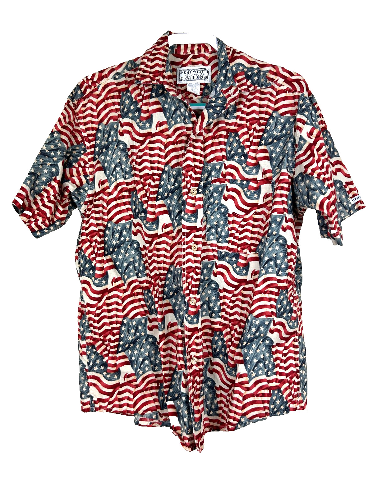 Key West Hand Print Fashions Hawaiian Shirt USA Flags Patriotic Red White Blue S