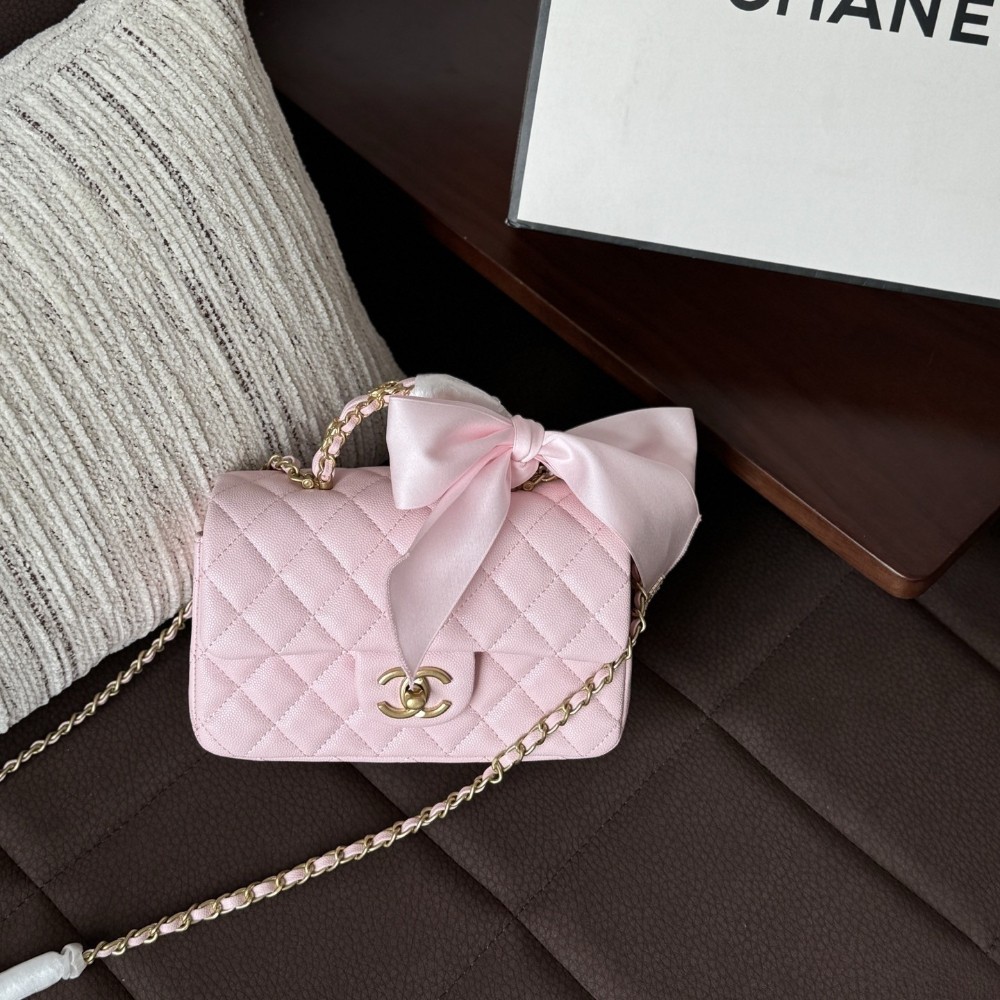 `Pink Quilted Leather Mini Flap Bag Satin Bow Gold Chain Crossbody Purse`