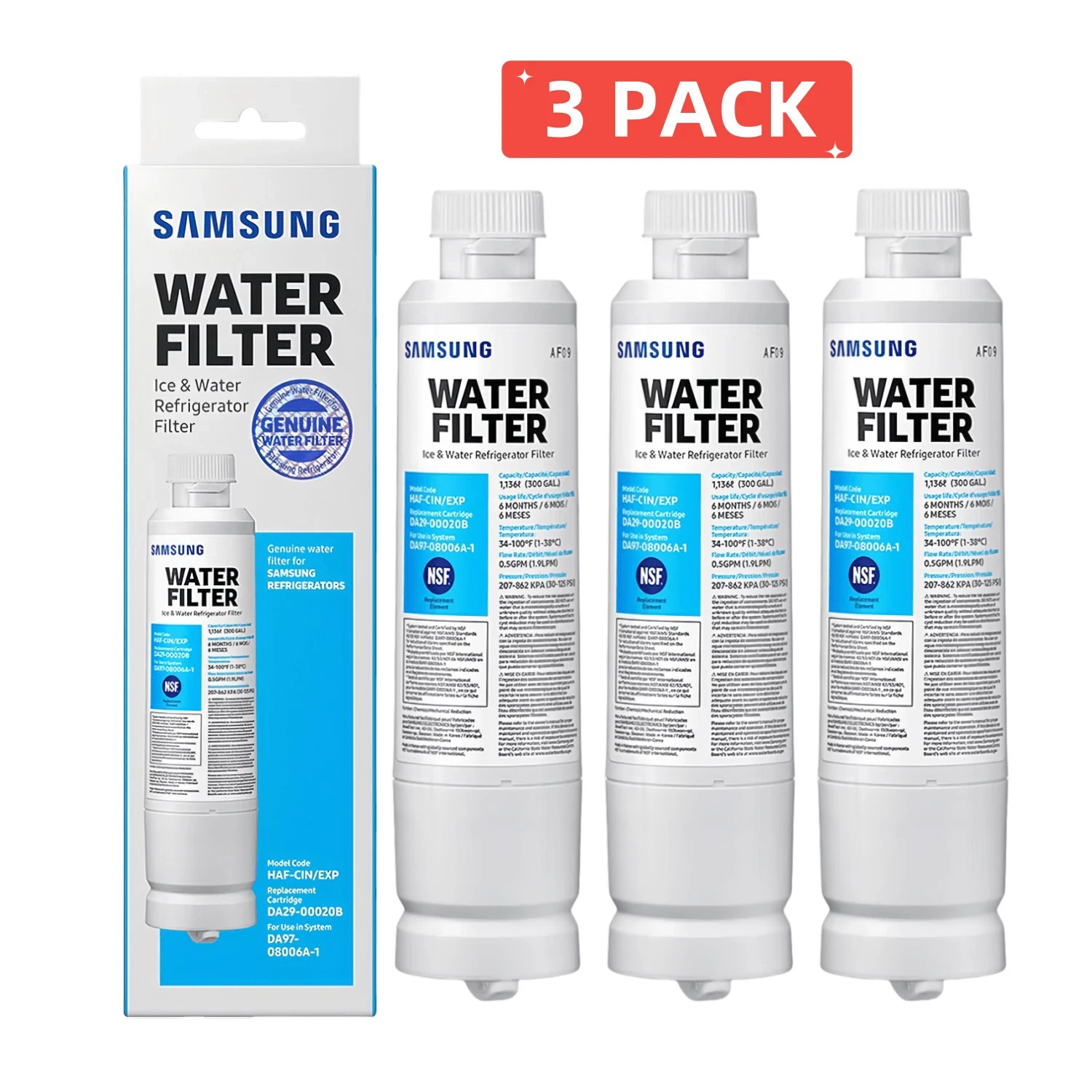 3 PACK NEW Genuine Samsung DA29-00020B HAF-CIN/EXP Refrigerator Water Filter 3 PACK NEW Genuine Samsung DA29-00020B HAF-CIN/EXP Refrigerator Water Filter