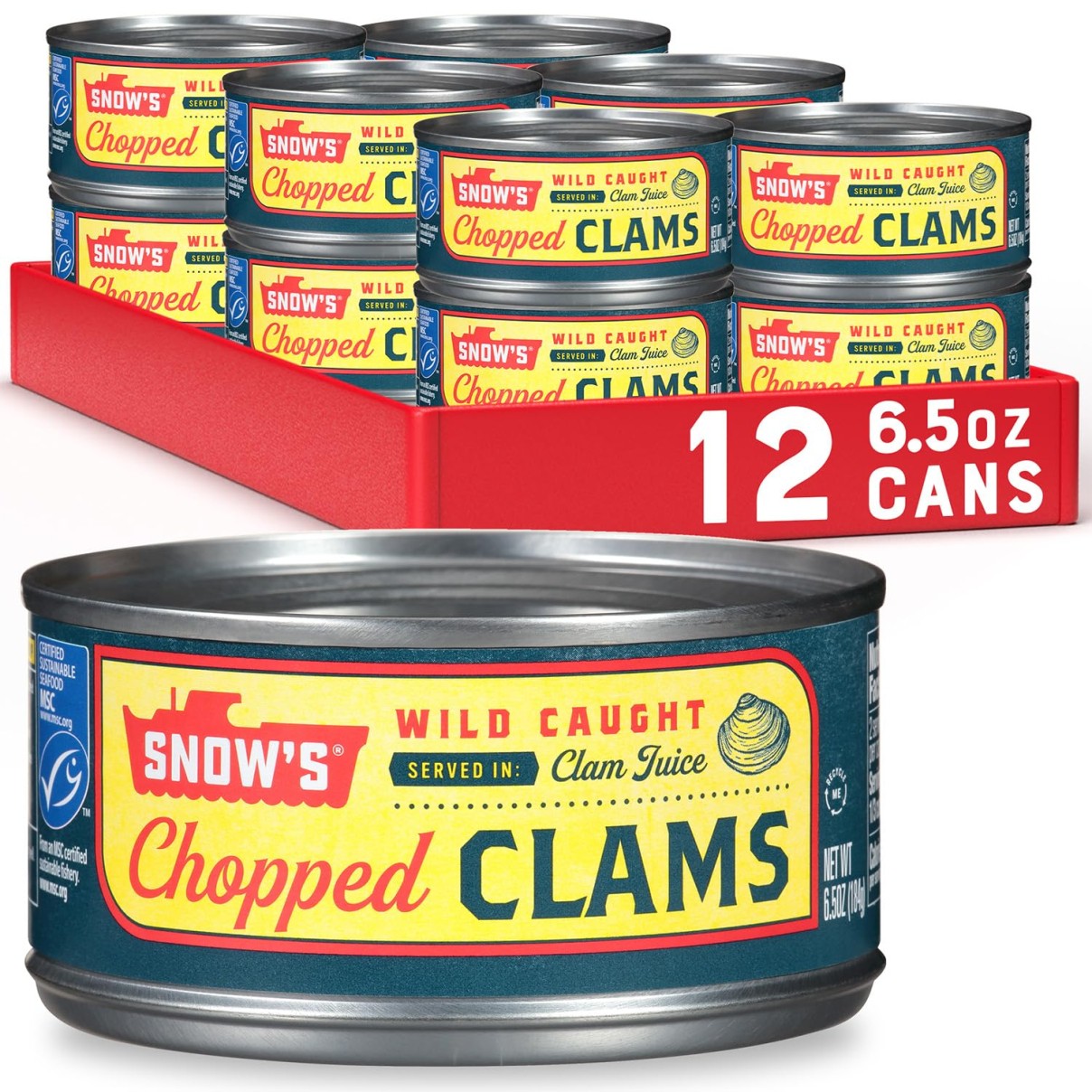 Snow\'s Wild Caught Chopped Clams Canned, 6.5 oz Can (Pack of 12) - 5g Protein Pe