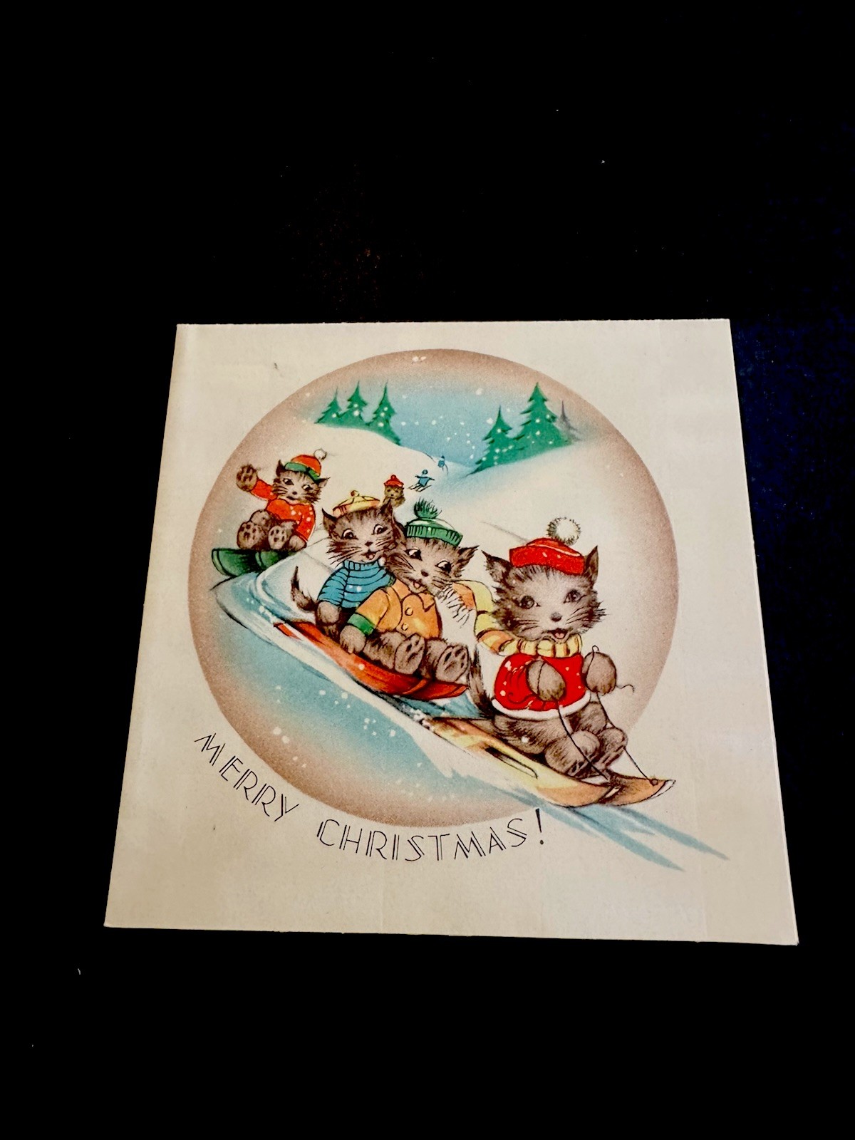1 VTG 1940’s Xmas Greeting Card Adorable 4 Cat Kittens Racing Downhill On Sleds