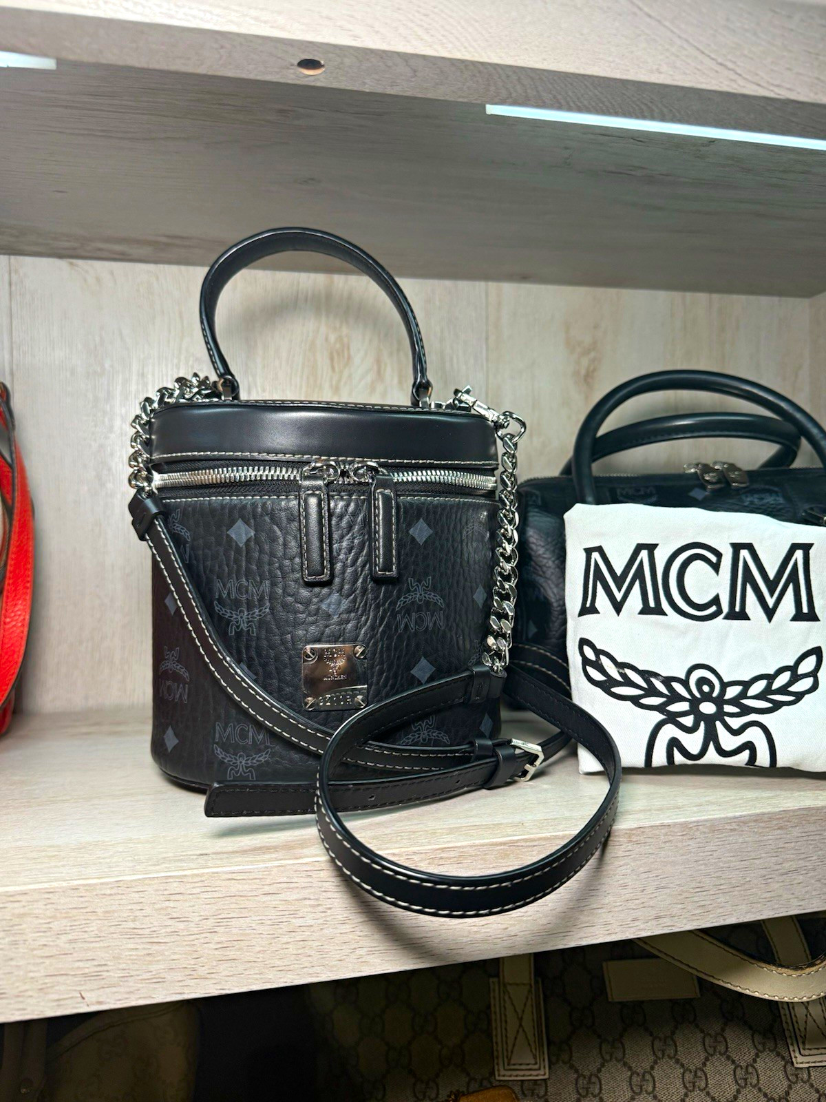 MCM Black Monogram Mini Cylinder Zip Crossbody Top Handle Silver Hardware MCM Black Monogram Mini Cylinder Zip Crossbody Top Handle Silver Hardware