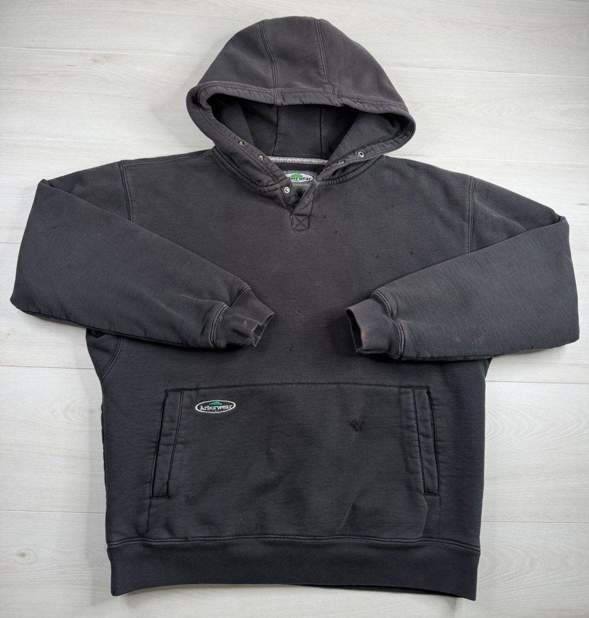 Arborwear Double Thick Hoodie Button Snap Neck Super Heavyweight Distressed M Arborwear Double Thick Hoodie Button Snap Neck Super Heavyweight Distressed M