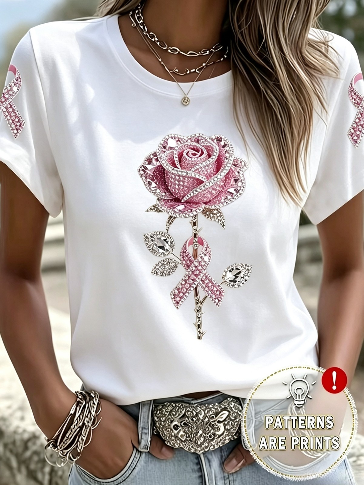 Rhinestone Style Pink Rose Breast Cancer Awareness Ribbon Women T‑Shirt Rhinestone Style Pink Rose Breast Cancer Awareness Ribbon Women T‑Shirt