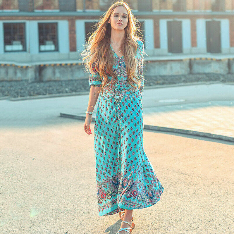 Women's Lady Boho Kimono Sleeve Floral Long Maxi Summer Beach Dress Sundress