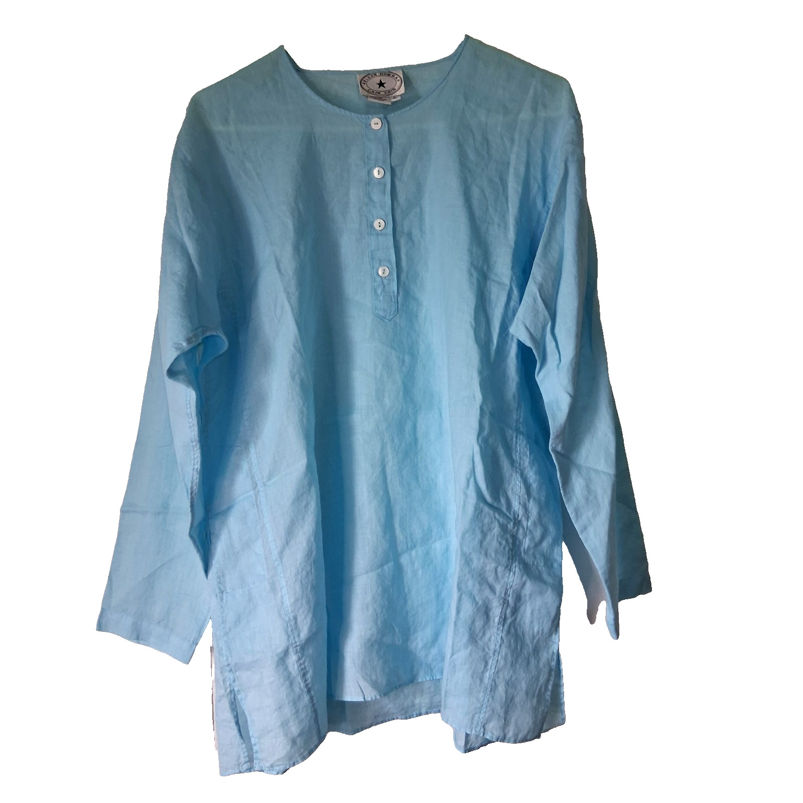 Arleen Bowman Chin Chin Linen Tunic Top Women\'s L Aqua Blue Lightweight Coastal