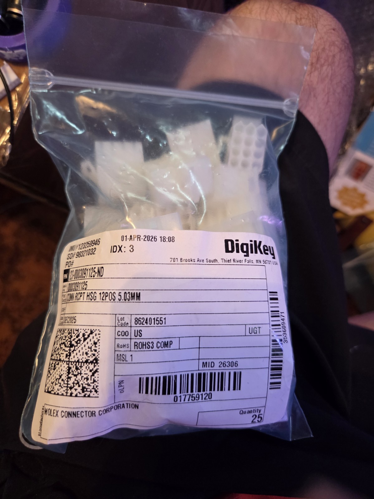003091125-ND MOLEX 12POS MALE connectors- Bag Of 25 NEVER OPENED