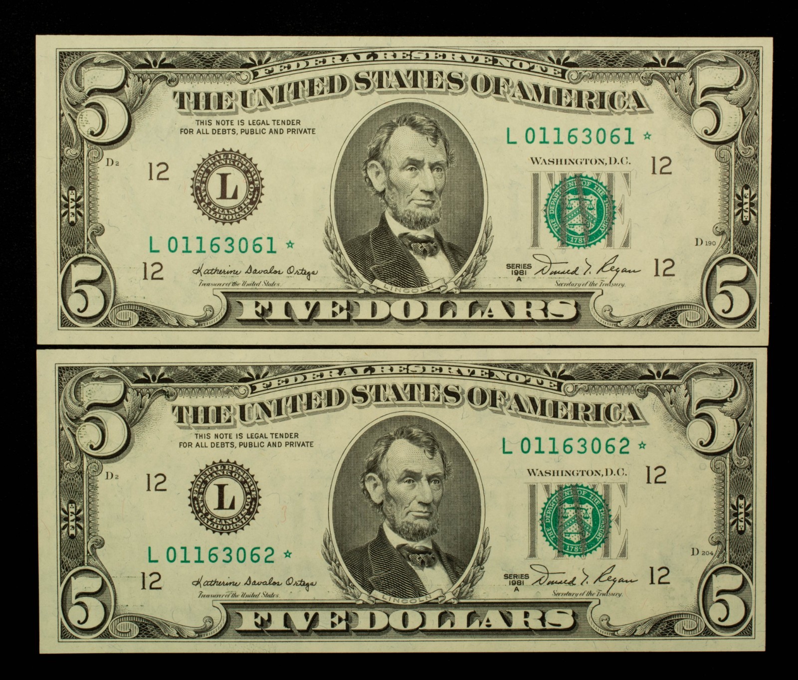 FR 1977-L* $5 1981 A FR Notes US - 2 Consecutive Star Notes - UNC - SKU-CA1909