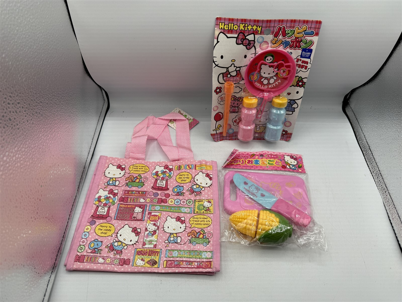VINTAGE SANRIO HELLO KITTY BUBBLES / MINI TOTE BAG / CORN KNIFE SET LOT JAPAN VINTAGE SANRIO HELLO KITTY BUBBLES / MINI TOTE BAG / CORN KNIFE SET LOT JAPAN